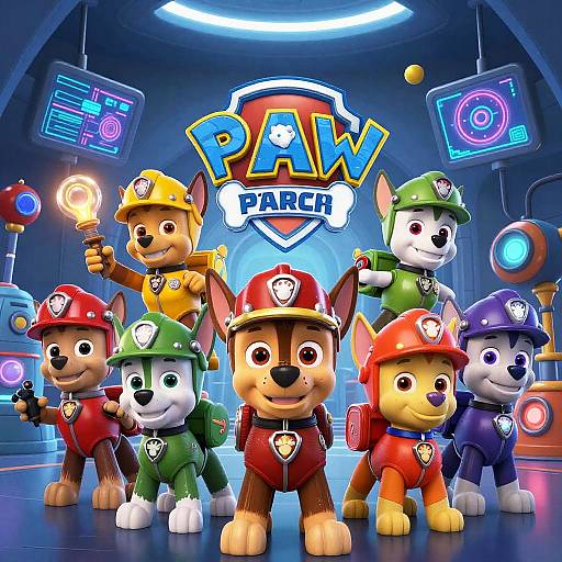 Vibrant CGI image of six cartoon dog Paw Patrol pups in colorful uniforms, standing in a futuristic lab with glowing screens. 