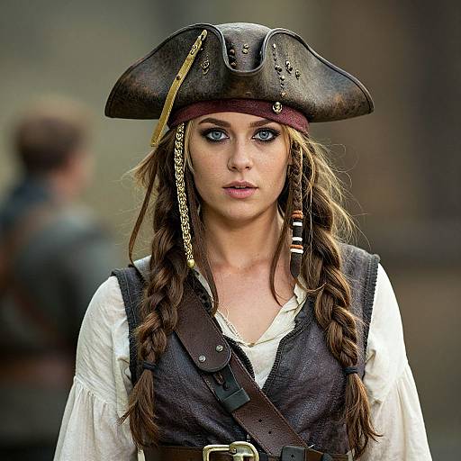 Photograph of a young woman with long brown hair in braids, wearing a black pirate hat, white shirt, brown vest, and chain accessories,