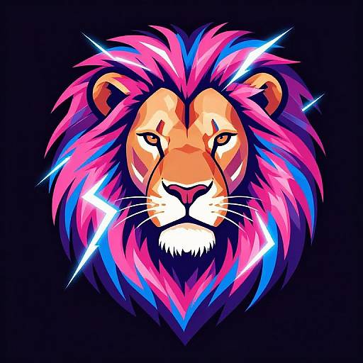 Vibrant digital illustration of a lion's head with a neon pink, blue, and purple mane against a black background, featuring bright white lightning bolts