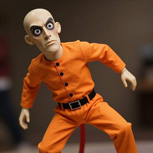 Photograph of a bald, wide-eyed, painted-face doll in an orange prison jumpsuit, with black buttons and belt, in a dramatic pose.