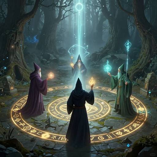 Digital fantasy artwork: Four hooded wizards in dark robes, casting glowing spells around a mystical, glowing runes circle in a misty forest. Bright blue