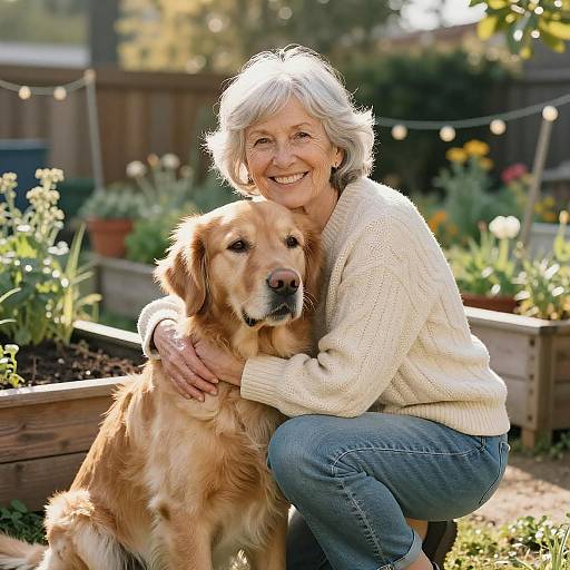 Joyful Elderly Woman with Golden Retriever