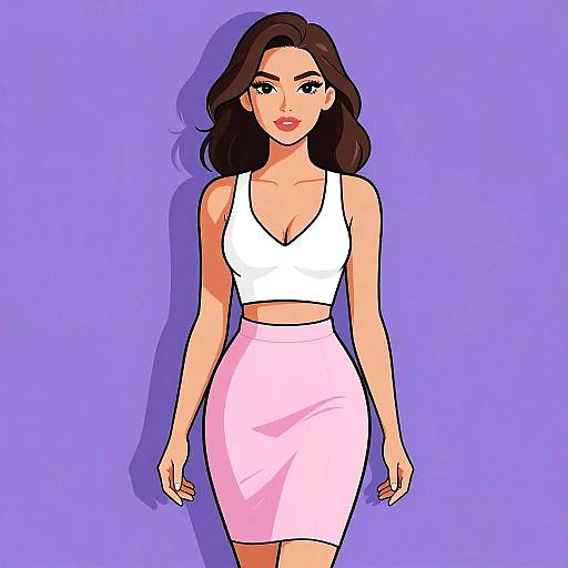 Digital illustration of a young woman with fair skin, dark wavy hair, wearing a white crop top and pink pencil skirt, standing against a solid purple
