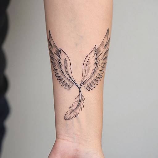 Black ink tattoo of two symmetrical, feathered wings on a pale skin forearm, with delicate line work and soft shading.