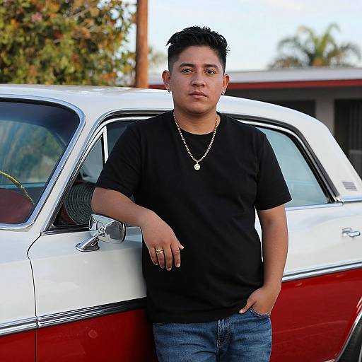 Photograph of a young, medium-build Asian man with short black hair, wearing a black t-shirt, gold chain, and blue jeans, leaning against