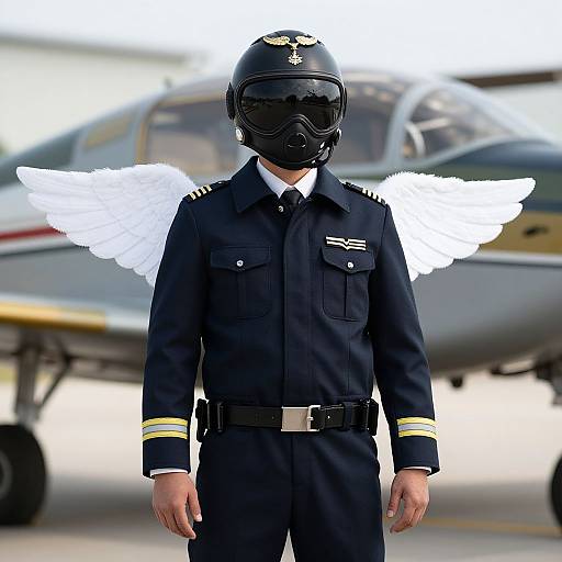 Photograph of a male pilot in dark navy uniform with angel wings, black helmet, and reflective visor, standing in front of a military jet.