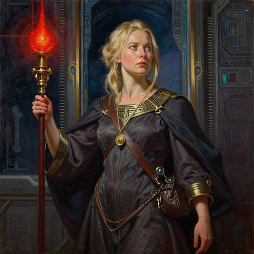 Digital painting of a blonde woman with fair skin, wearing a dark, gold-trimmed robe, holding a glowing red staff, standing in a futuristic