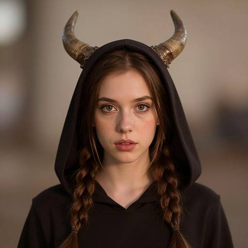 Photograph of a young woman with fair skin, brown eyes, and freckles, wearing a black hooded cloak with bronze horns, and bra