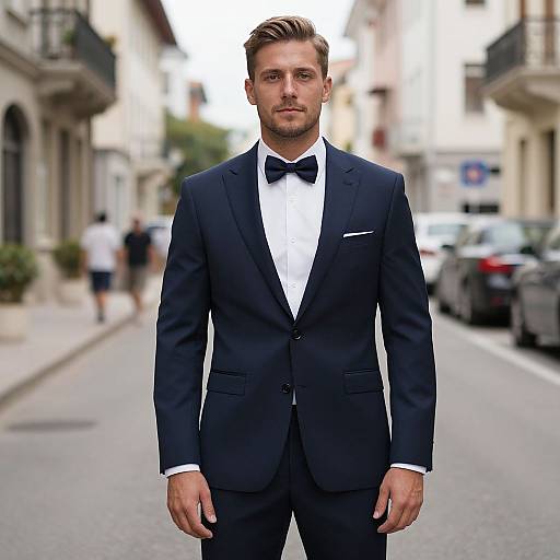 Photograph of a handsome man with short brown hair, dressed in a black tuxedo with white shirt and black bow tie, standing on a blurred