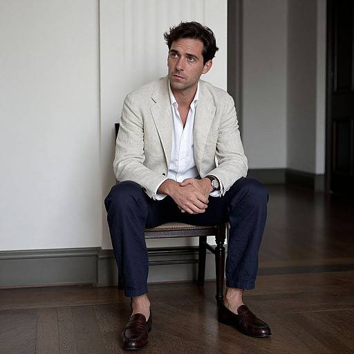 Photograph of a handsome, dark-haired man in a white blazer, white shirt, black pants, and brown loafers, sitting on a chair