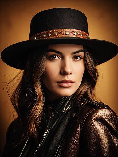 Woman in Black Hat and Leather Outfit