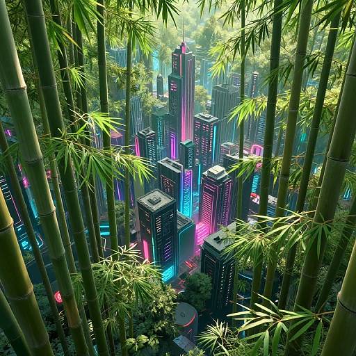 Digital artwork of a futuristic cityscape surrounded by tall bamboo trees. Neon-lit skyscrapers in vibrant blues, pinks, and purples contrast