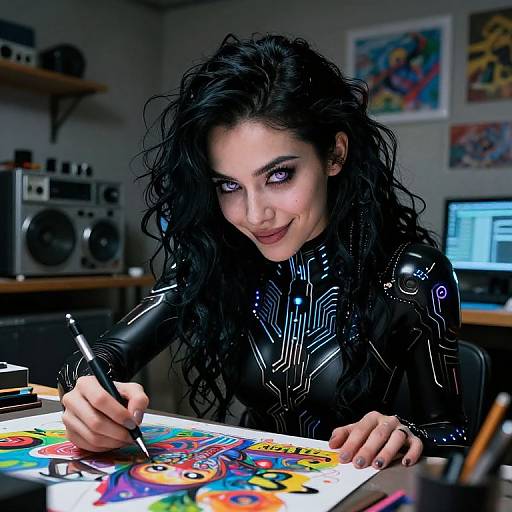 Photograph of a woman with long, curly black hair, wearing a black, shiny, latex outfit, drawing colorful, vibrant comic art on paper in
