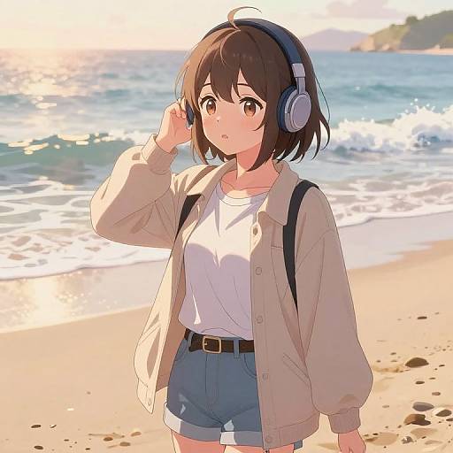 Anime-style digital drawing of a cute brown-haired girl wearing headphones, white shirt, beige jacket, and blue shorts, standing on a sunny beach with ocean