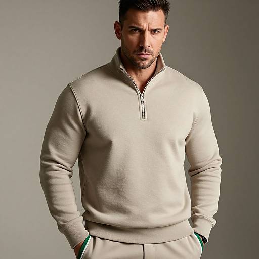 Photograph of a muscular, bearded man with short dark hair, wearing a beige zip-up sweater and matching pants, standing against a gray background.