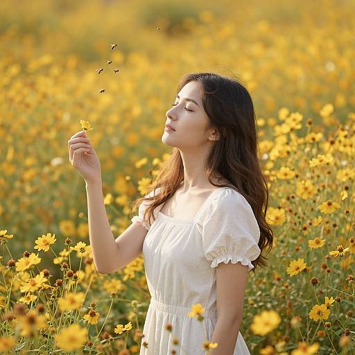 Young Asian woman with long brown hair, wearing a white dress, gently touches yellow daisies in a sunlit field.