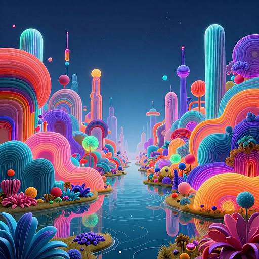 Vibrant neon digital landscape: colorful, glowing waves and structures surround a reflective waterway under a starry night sky. Futuristic, surreal art