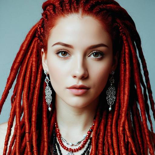Portrait of woman with bright red dreadlocks and jewelry