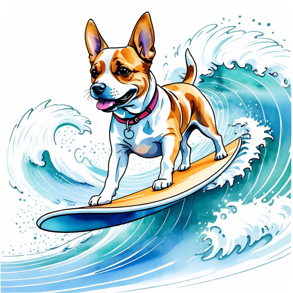 Whimsical Dog Surfing Illustration