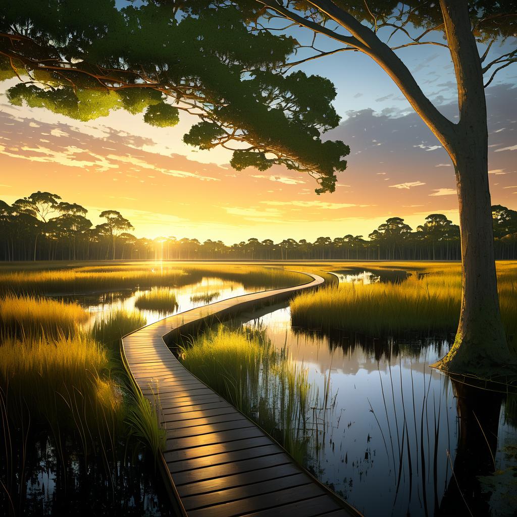 Tranquil Wetland Boardwalk at Sunset