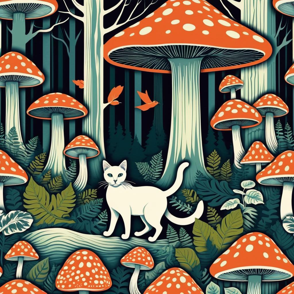 Whimsical Cat in an Escher-Inspired Forest