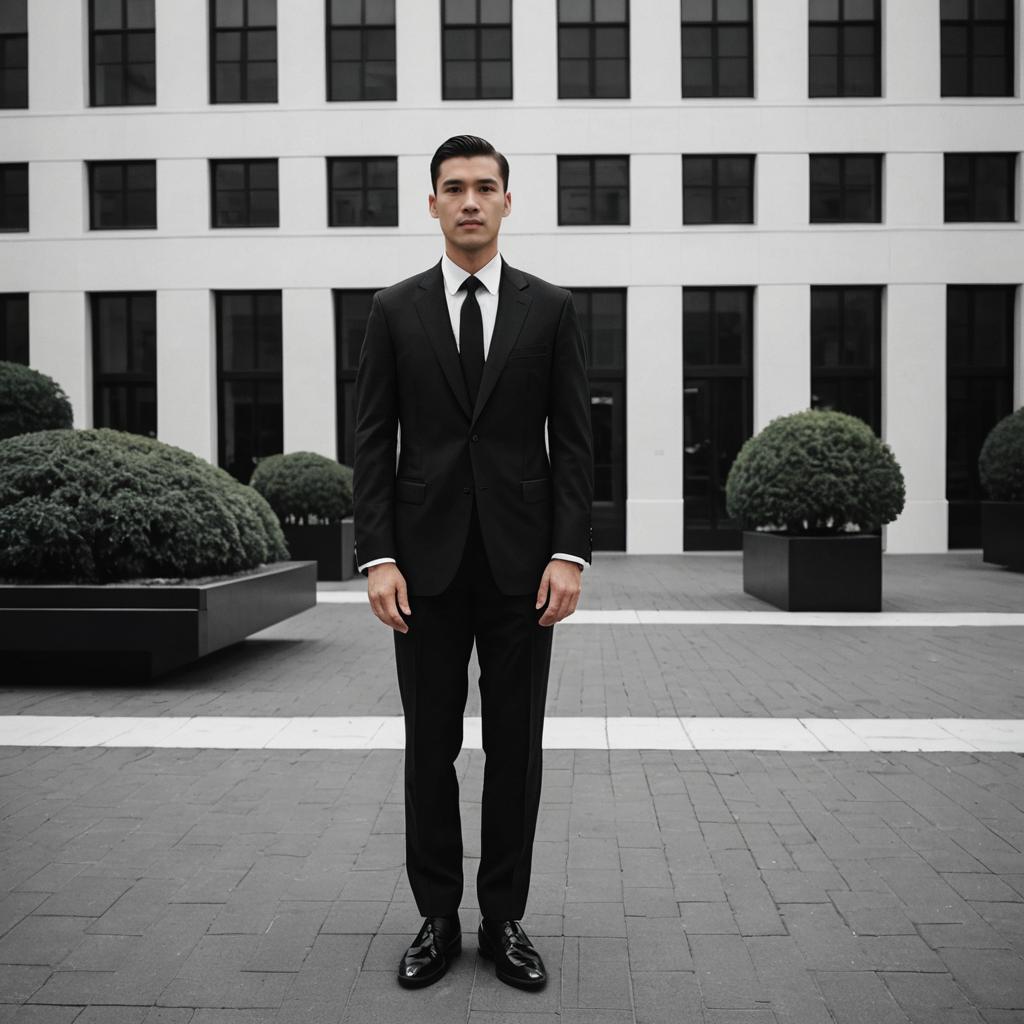 Elegant Man in Funeral Outfit at Plaza