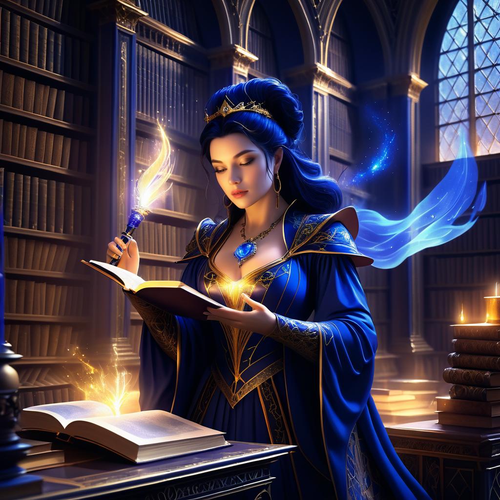 Regal Sorceress in Ancient Library