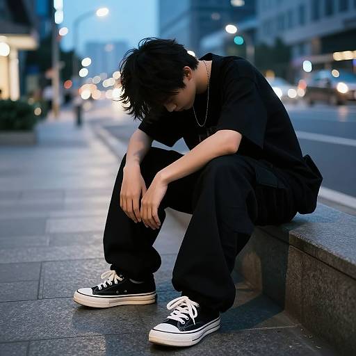 Teen Boy Sitting on City Sidewalk at Dusk