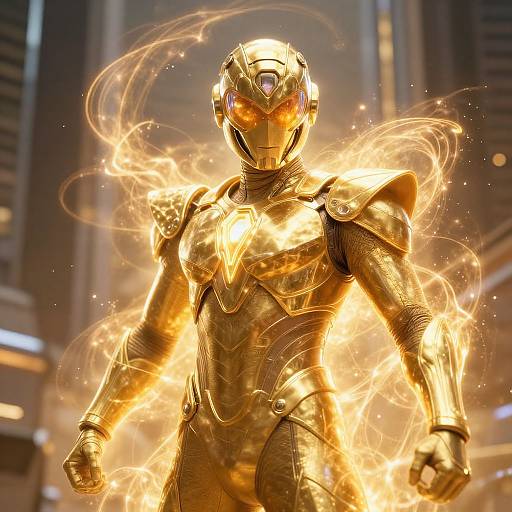 CGI image of a golden, muscular superhero with glowing orange eyes and fiery energy swirling around him, standing in a futuristic cityscape.