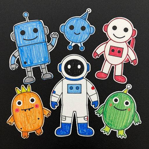 Colorful cartoon drawing of six cute, blocky robots on black background: blue, blue, white, orange, green, and white with red accents