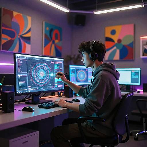 Photograph of a young man with curly hair, wearing headphones and a hoodie, working on a computer in a brightly lit, modern office with colorful abstract
