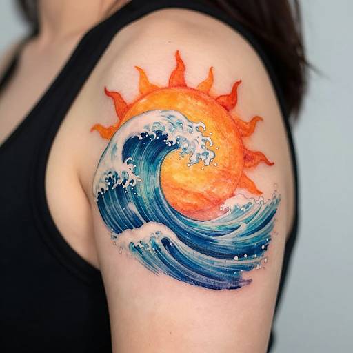Photograph of a woman's upper arm featuring a vibrant tattoo of an orange sun with rays, emerging from a blue ocean wave. She wears a black