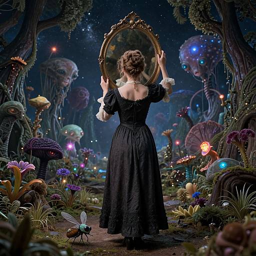 Digital art: A Victorian woman with curly hair and black dress holds an ornate mirror, facing a glowing, enchanted forest with colorful mushrooms, ethereal