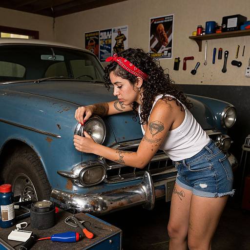 Curly-haired woman with tattoos, red headband, white tank top, and denim shorts, polishes vintage blue car in cluttered garage workshop.