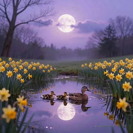 Photograph of a mother duck with four yellow ducklings swimming in a reflective pond, surrounded by vibrant yellow daffodils, under a moonlit