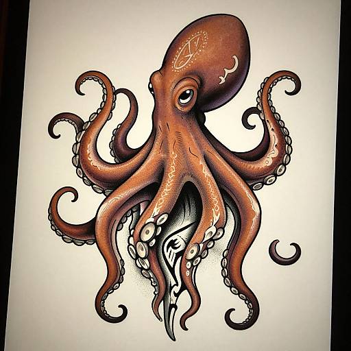 Illustration of a detailed, orange-brown cartoon octopus with curled tentacles, white suction cups, and expressive eyes, set against a white background