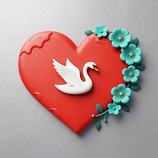 Red Heart with Turquoise Flowers and Swan