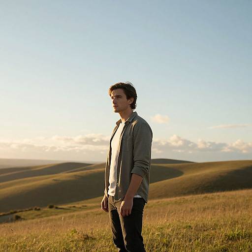 Photograph of a young man with short dark hair, wearing a gray button-up shirt over a white tee, standing in a sunlit grassy hill