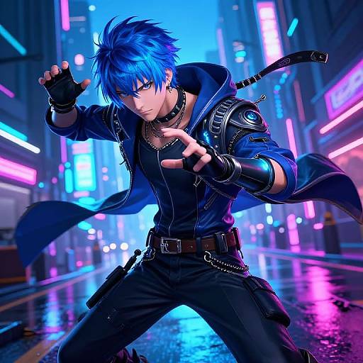 Digital anime artwork of a blue-haired male character with cyberpunk attire, black leather jacket, and gloves, posing dynamically in a neon-lit, futuristic