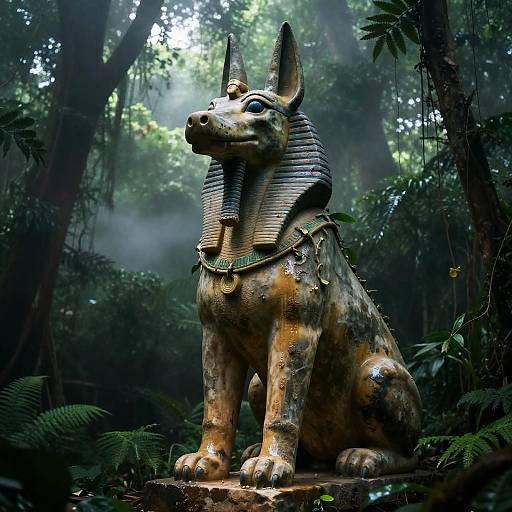 Ancient Sobek Statue in Misty Jungle
