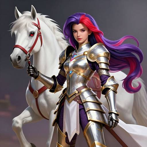 Digital art of a fierce, armored woman with vivid purple and red hair, holding a white horse's reins, in shining golden armor.
