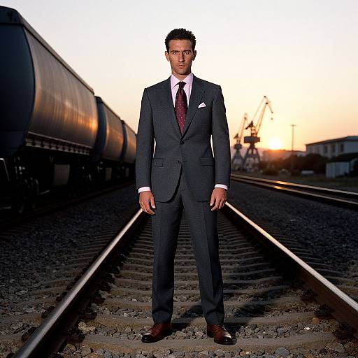 Photograph of a serious-looking man in a dark blue suit, white shirt, and maroon tie, standing on railroad tracks at sunset.