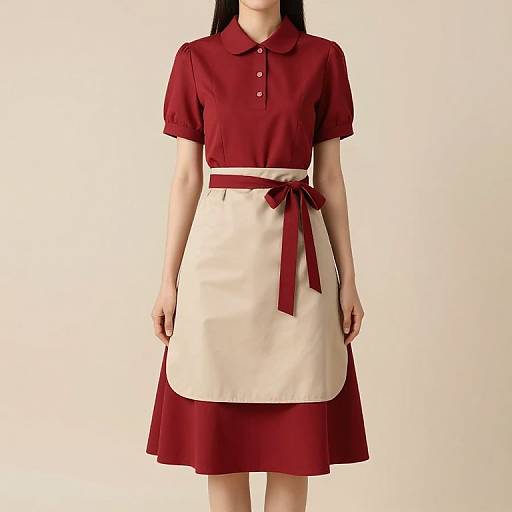 Photograph of an Asian woman in a red short-sleeve polo dress with white apron, red belt, and red skirt, standing against a