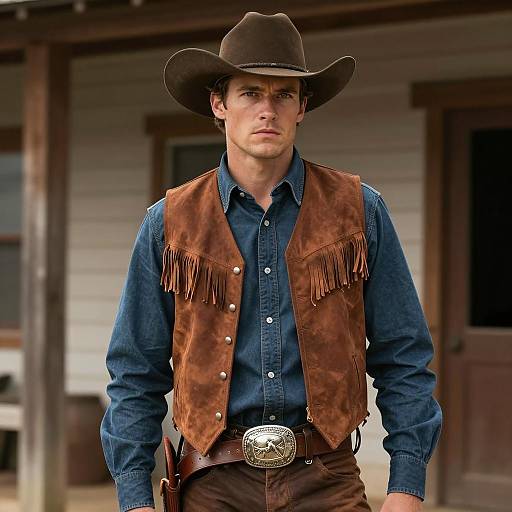 Handsome Cowboy in Brown Leather Vest and Hat