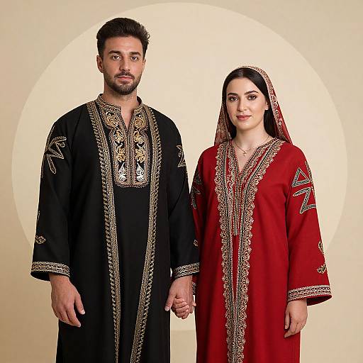 Photograph of South Asian couple holding hands, man in black traditional sherwani, woman in red traditional lehenga with gold embroidery, against beige circular
