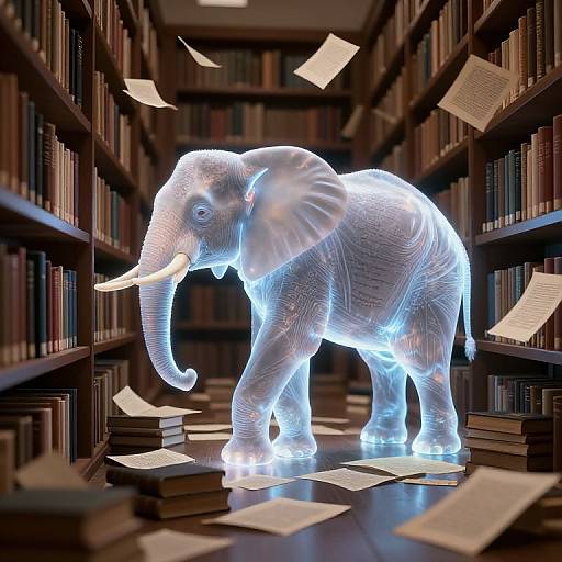 Digital artwork of a glowing, translucent elephant with white tusks in a library aisle, surrounded by floating papers and books.