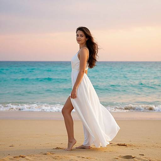 Photograph of a young woman with long dark hair, wearing a flowing white dress, walking barefoot on a sandy beach at sunset, with turquoise ocean