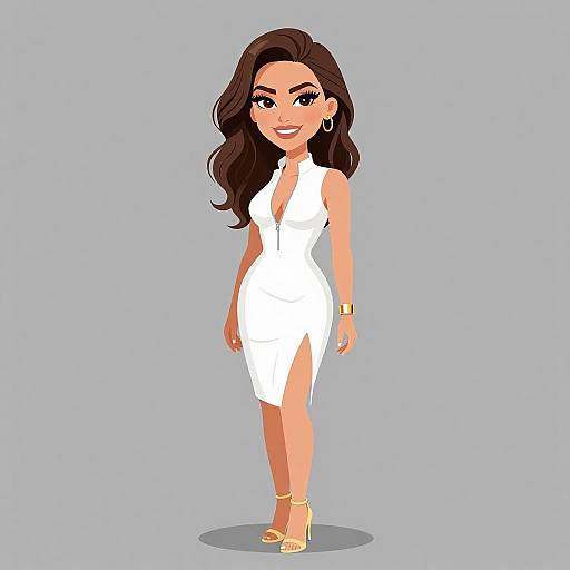 Digital illustration of a smiling woman with long brown hair, wearing a white, sleeveless, V-neck dress with a high slit, gold jewelry, and