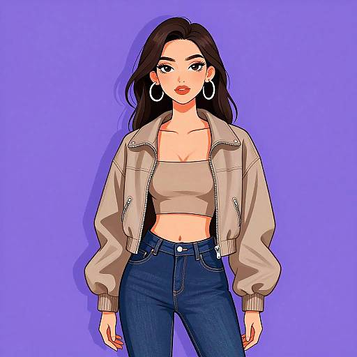Digital illustration of a confident woman with long dark hair, wearing a beige crop top, puffy jacket, and blue jeans, against a solid purple background