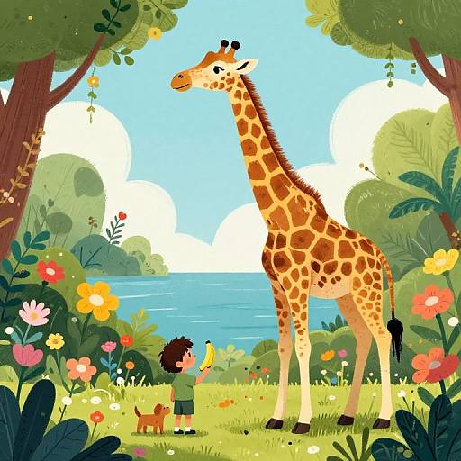 Colorful illustration of a giraffe with orange spots standing beside a child with a yellow bird, surrounded by vibrant flowers, trees, and a lake under